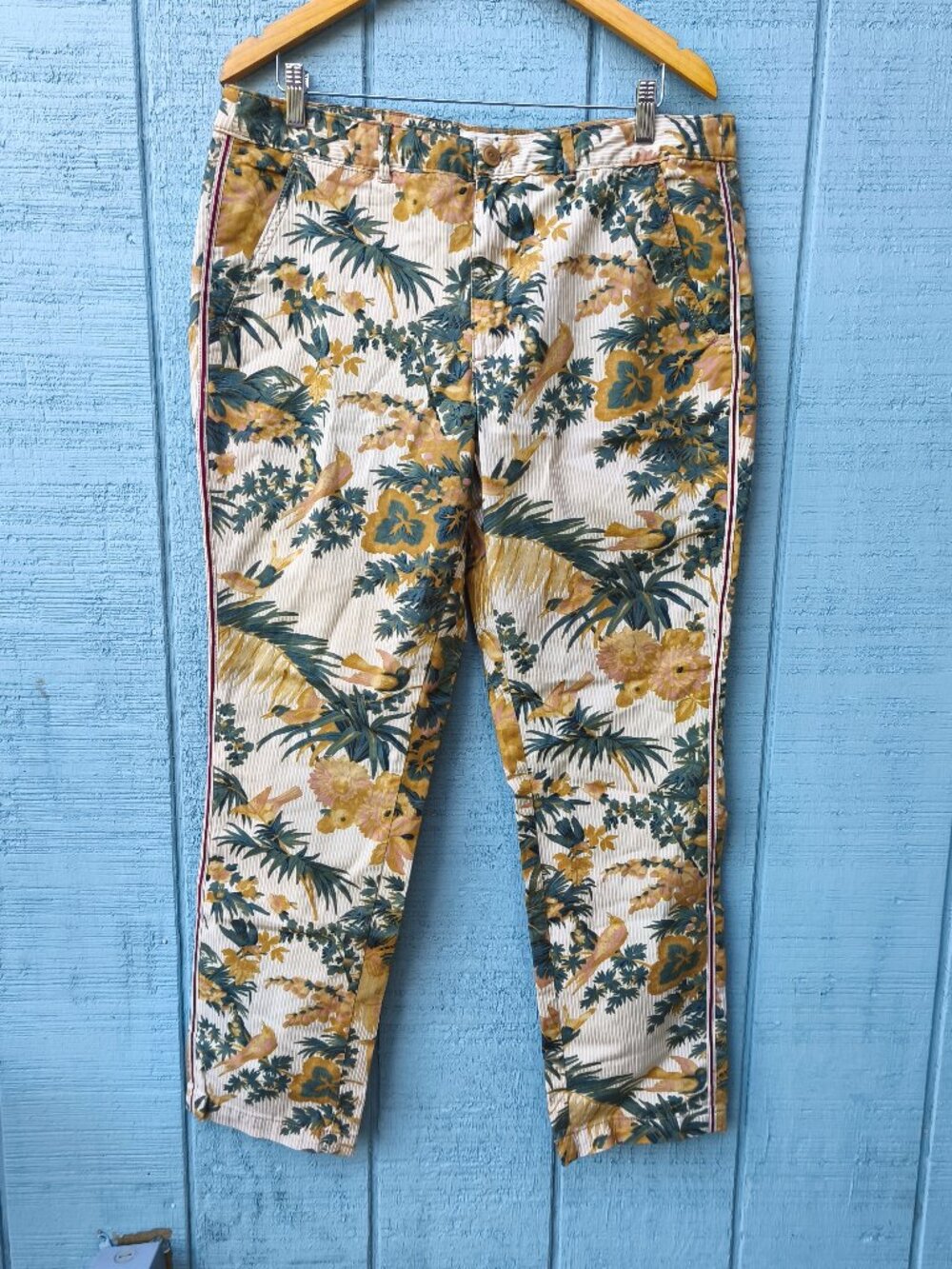 Anthropologie Cotton Tropical Exotic Bird Print Chino Trouser sz 33 Gold Green